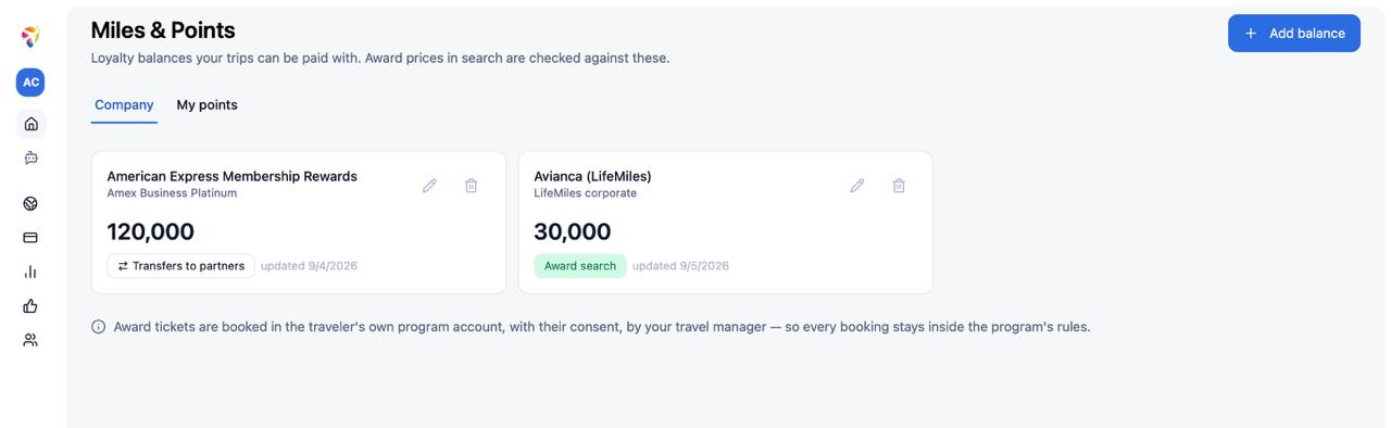 Travel Code Miles and Points balance view showing American Express Membership Rewards and Avianca LifeMiles corporate balances