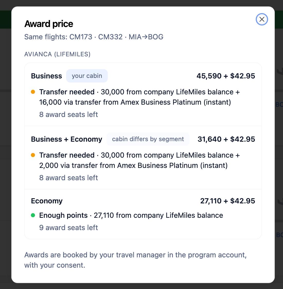 Award price breakdown for Miami to Bogota showing Business, Business plus Economy, and Economy options with exact points sourcing from company LifeMiles balance and Amex Business Platinum transfer