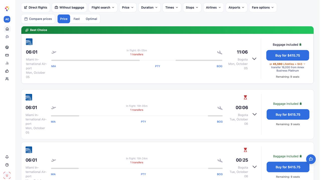 Flight search result showing cash price alongside 45590 LifeMiles plus 43 dollars award option, with 16000-point transfer from Amex Business Platinum