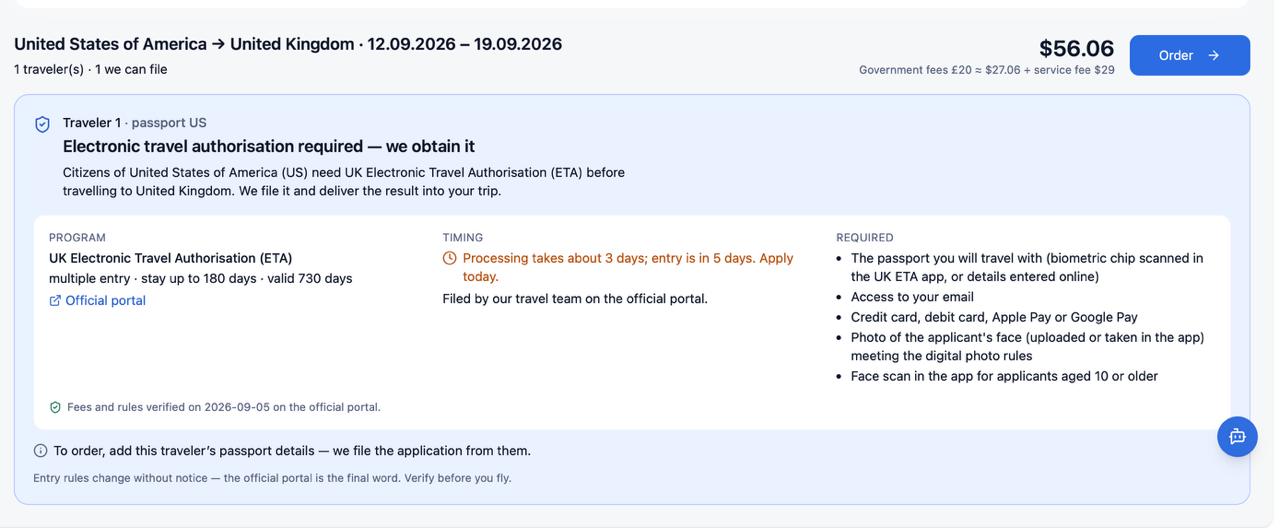 UK Electronic Travel Authorisation detail page for a US citizen: program details, timing 3 days, required documents (passport with biometric chip, email, credit card, photo, face scan)